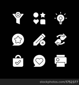 Interface for mobile application white glyph icons set for dark mode. Mobile app signs. Smartphone menu. Silhouette symbols on black background. Vector isolated illustration bundle. Interface for mobile application white glyph icons set for dark mode