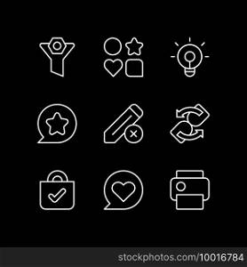 Interface for mobile application white linear icons set for dark theme. Mobile app signs. Night mode customizable thin line symbols. Isolated vector outline illustrations. Editable stroke. Interface for mobile application white linear icons set for dark theme