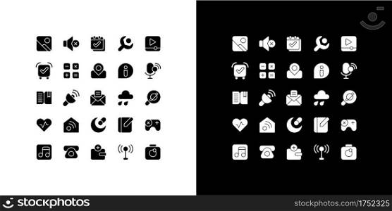 Interface glyph icons set for night and day mode. Smartphones, tablets application. Setting menu. UI buttons. Silhouette symbols for light, dark theme. Vector isolated illustration bundle. Interface glyph icons set for night and day mode