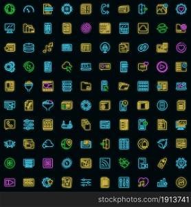 Interface icons set. Outline set of interface vector icons neon color on black. Interface icons set vector neon