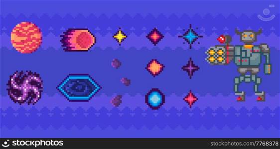 Interface layout design with cosmic objects. Pixel alien sky with planets and black hole near robot. Outer space as background for pixel game about space. Pixelated mechanical man in armor with weapon. Mechanical man in armor with weapon. Game about space interface layout design with cosmic objects