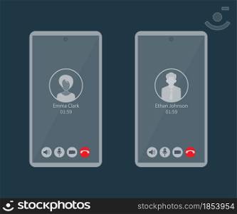 interface of a mobile video conference or video chat. The concept of remote communication via video communication over the Internet. A screen with the image of the subscriber and the time of communication. Flat style.