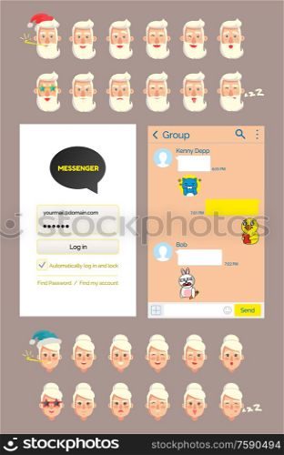 Interface of kakaotalk messenger vector, stickers with old man. Grandfather emoticons, granddad wearing Santa Claus hat, angry and sleepy grandmother. KakaoTalk Messenger with Grandfather Stickers