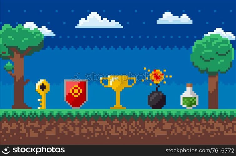 Interface of pixel game with power symbols, key and cup, bomb and flask on ground, cloudy sky at night, trees decorations, award sign, screen vector. Pixelated 8 bit objects for mobile app game. Pixel Game, Award Symbols, Power Object Vector