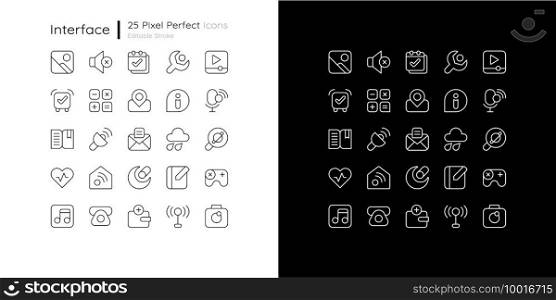 Interface pixel perfect linear icons set for dark and light mode. Smartphones, tablets application. Setting menu. Customizable thin line symbols. Isolated vector outline illustrations. Editable stroke. Interface pixel perfect linear icons set for dark and light mode