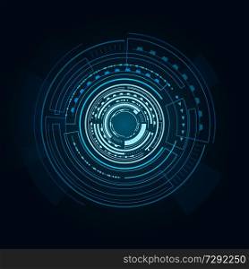 Interface poster of blue color with circular geometric shape and futuristic and sci-fi looking object, lines and shining elements vector illustration. Interface Poster of Blue Color Vector Illustration