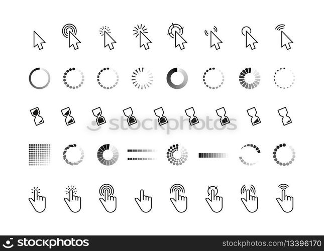 Interface progress cursor. Pointer mouse click arrow, connection loading and pointing hand web symbols, computer interface buttons. Vector set. Hourglass for waiting, browser elements animation. Interface progress cursor. Pointer mouse click arrow, connection loading and pointing hand web symbols, computer interface buttons. Vector set