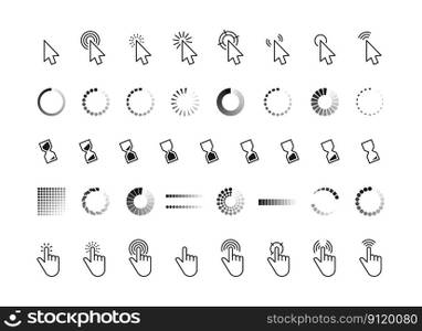 Interface progress cursor. Pointer mouse click arrow, connection loading and pointing hand web symbols, computer interface buttons. Vector set. Hourglass for waiting, browser elements animation. Interface progress cursor. Pointer mouse click arrow, connection loading and pointing hand web symbols, computer interface buttons. Vector set