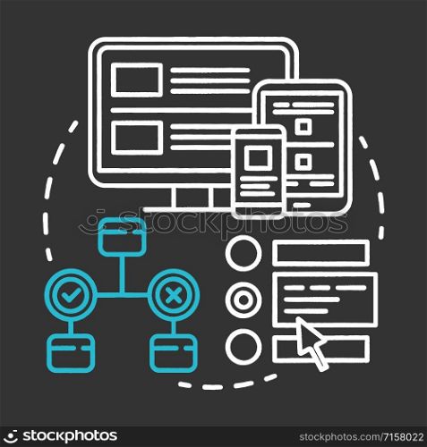 Interface testing chalk concept icon. UX, UI check idea thin line illustration. Software development stage. Application programming and coding. IT project idea. Vector isolated chalkboard illustration