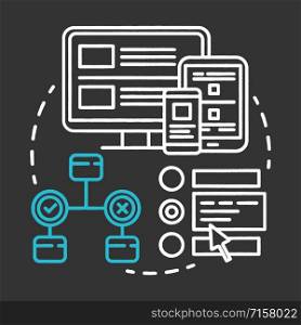 Interface testing chalk concept icon. UX, UI check idea thin line illustration. Software development stage. Application programming and coding. IT project idea. Vector isolated chalkboard illustration