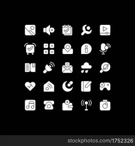 Interface white glyph icons set for dark mode. Smartphones and tablets application. Settings menu. UI button. Silhouette symbols on black background. Vector isolated illustration bundle. Interface white glyph icons set for dark mode