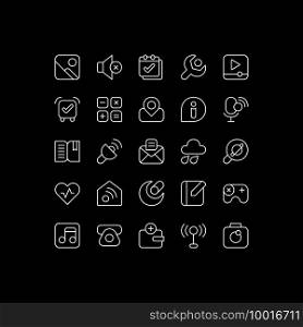 Interface white linear icons set for dark theme. Smartphones and tablets application. Settings menu. Night mode customizable thin line symbols. Isolated vector outline illustrations. Editable stroke. Interface white linear icons set for dark theme