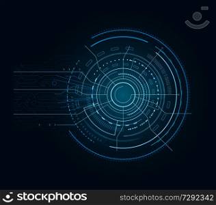 Interface with arrows, abstract circular shape with lines and pointers going out of it, object vector illustration isolated on blue background. Interface with Arrows Blue Vector Illustration