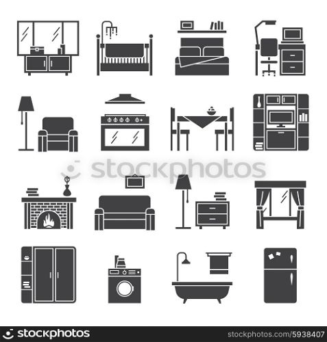 Interior And Furniture Icons Set. Interior and furniture black white icons set with living room bedroom and kitchen flat isolated vector illustration