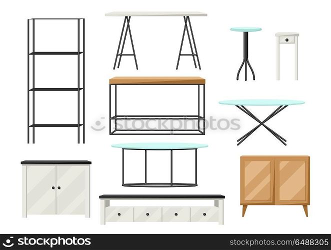 Interior and furniture set. Shelving with shelves, cupboards and tables. Interior and furniture set. Shelving with shelves, cupboards and tables.
