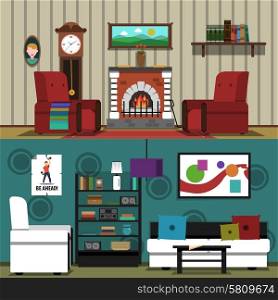 Interior banner horizontal set with flat furniture elements isolated vector illustration. Interior Banner Horizontal