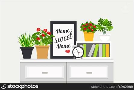 Interior Bookshelf With Houseplants Design. Sweet Home modern interior design poster with houseplants and alarm clock on bookshelves flat vector illustration