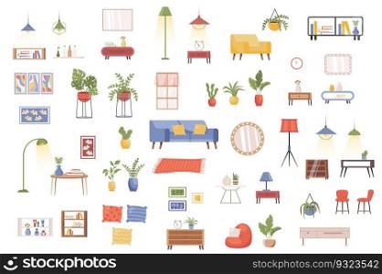 Interior decor bundle of flat scenes. House interior objects isolated set. Flower pot, armchair, bed, lamp, wardrobe, couch, mirror, clock, vase elements. Home furniture cartoon vector illustration.