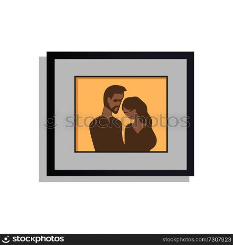 Interior decor, picture of embracing couple, photo with frame and colors, happy moments, decoration of house, vector illustration isolated on white. Interior Decor Picture Couple Vector Illustration