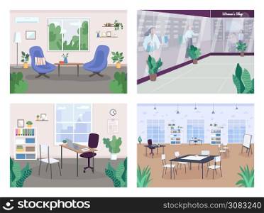 Interior decoration flat color vector illustration set. Therapy, consulting cabinet. Workplace design. Living-room, study, parlor. Work-bench. Shopping mall 2D cartoon interiors collection. Interior decoration flat color vector illustration set
