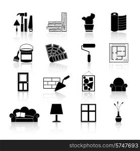 Interior design and art decoration and room indoors improvement icons black set isolated vector illustration