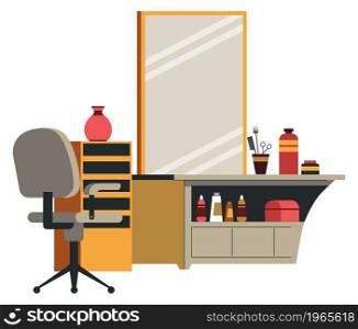 Interior design and furniture for barbershop, isolated workplace of table with drawers, mirror and appliances for work. Cutting hair and trimming beard, modern space for hairdo. Vector in flat style. Barbershop interior design, workplace with mirror