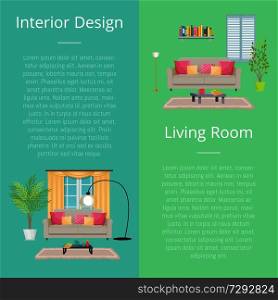 Interior design and living room, collection of posters with text sample and letterings, sofa and lamp, window and plants vector illustration. Interior Design Living Room Vector Illustration