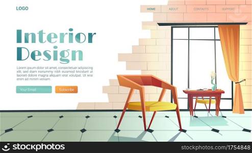 Interior design banner. Service of create trendy style of house, apartment or office. Vector landing page of designer website with cartoon illustration of cozy room with window, table and chairs. Vector banner of interior design with cartoon room