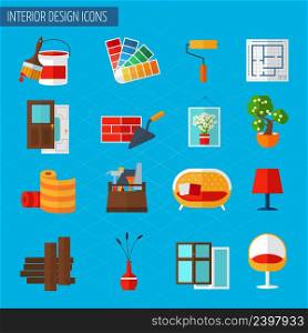 Interior design building repair and interior renovation icons set isolated vector illustration. Interior Design Icons