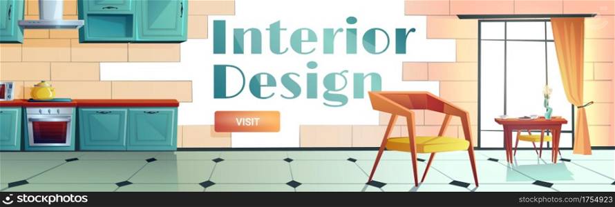 Interior design cartoon web banner. Home or cafe kitchen with appliances for cooking and modern furniture, served table near large window, oven, range hood, designing service, vector illustration. Interior design cartoon web banner. Home kitchen