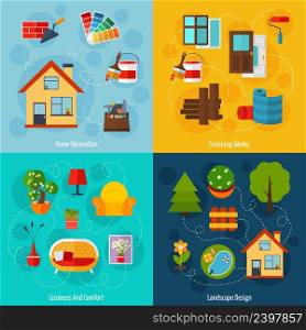 Interior design concept set with home decoration finishing works cosiness comfort and landscape flat icons isolated vector illustration. Interior Design Set