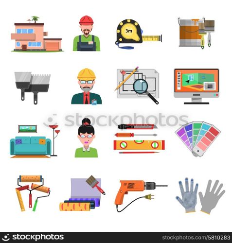 Interior design flat icons with designer and architecture tools isolated vector illustration. Interior Flat Icons