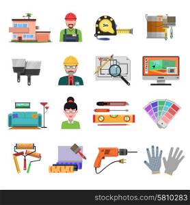 Interior design flat icons with designer and architecture tools isolated vector illustration. Interior Flat Icons