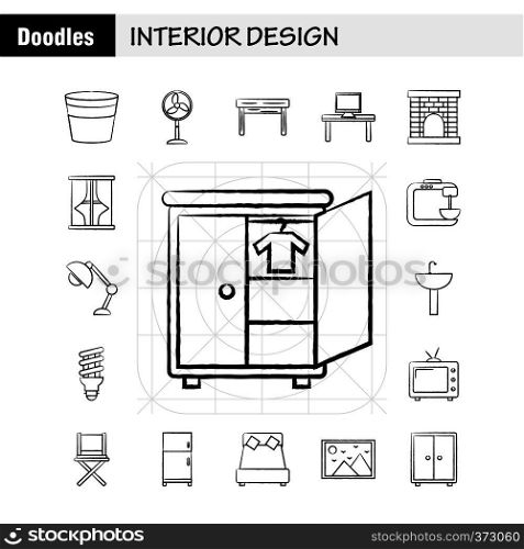 Interior Design Hand Drawn Icons Set For Infographics, Mobile UX/UI Kit And Print Design. Include: Iron, Electronics, Home Appliances, Electronics Items, Bath Tub, Eps 10 - Vector
