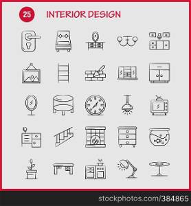 Interior Design Hand Drawn Icons Set For Infographics, Mobile UX/UI Kit And Print Design. Include: Bedroom, Cupboard, Furniture, House, Wardrobe, Television, Tv, House, Icon Set - Vector