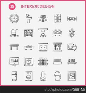 Interior Design Hand Drawn Icons Set For Infographics, Mobile UX/UI Kit And Print Design. Include: Medical, File, Document, Table, Bidet, Furniture, Water, Mirror, Eps 10 - Vector