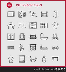 Interior Design Hand Drawn Icons Set For Infographics, Mobile UX/UI Kit And Print Design. Include: Carpet, Furniture, Household, Window, Home, House, Door, Entrance, Eps 10 - Vector