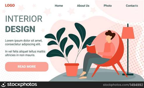 Interior Design Horizontal Banner. Young Man Sitting in Modern Comfortable Egg Shaped Armchair Reading Book in Living Room at Home, Leisure, Weekend Spare Time, Hobby Cartoon Flat Vector Illustration. Young Man Sitting in Modern Egg Shaped Armchair