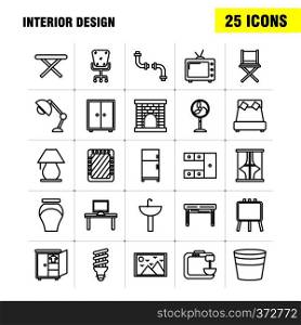 Interior Design Line Icons Set For Infographics, Mobile UX/UI Kit And Print Design. Include: Iron, Electronics, Home Appliances, Electronics Items, Bath Tub, Eps 10 - Vector