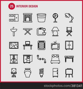 Interior Design Line Icons Set For Infographics, Mobile UX/UI Kit And Print Design. Include: Iron, Electronics, Home Appliances, Electronics Items, Bath Tub, Eps 10 - Vector