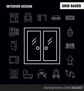 Interior Design Line Icons Set For Infographics, Mobile UX/UI Kit And Print Design. Include: Carpet, Furniture, Household, Window, Home, House, Door, Entrance, Eps 10 - Vector