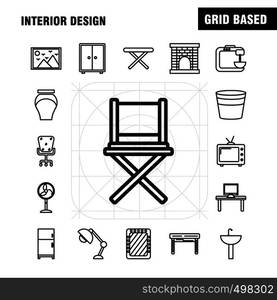 Interior Design Line Icons Set For Infographics, Mobile UX/UI Kit And Print Design. Include: Iron, Electronics, Home Appliances, Electronics Items, Bath Tub, Eps 10 - Vector