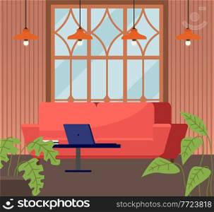 Interior design of a living room. Red sofa, laptop on the table near a large panoramic window. Potted plant next to the coffee table. Furniture for the interior of a room for receiving guests and rest. Interior design of a living room. Red sofa, laptop on the table near a large panoramic window