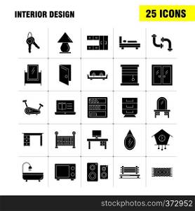 Interior Design Solid Glyph Icons Set For Infographics, Mobile UX/UI Kit And Print Design. Include: Carpet, Furniture, Household, Window, Home, House, Door, Entrance, Eps 10 - Vector