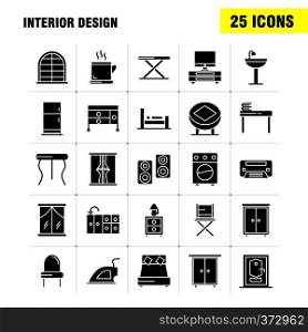 Interior Design Solid Glyph Icons Set For Infographics, Mobile UX/UI Kit And Print Design. Include: Furniture, Household, Washbasin, Door, Lock, Room, Furniture, Cooking, Icon Set - Vector