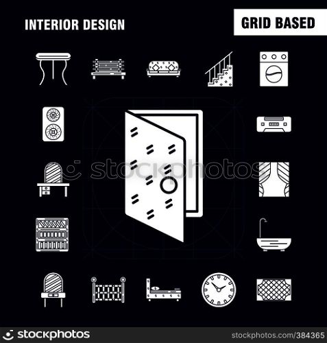Interior Design Solid Glyph Icons Set For Infographics, Mobile UX/UI Kit And Print Design. Include: Switch, Plug, Electronics, Electric, Table, Furniture, Home, Tables, Eps 10 - Vector