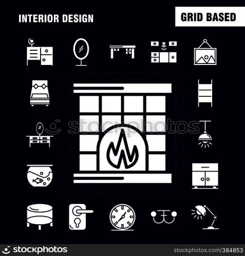 Interior Design Solid Glyph Icons Set For Infographics, Mobile UX/UI Kit And Print Design. Include: Bedroom, Cupboard, Furniture, House, Wardrobe, Television, Tv, House, Icon Set - Vector