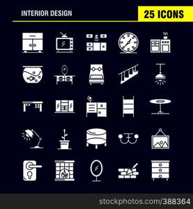 Interior Design Solid Glyph Icons Set For Infographics, Mobile UX/UI Kit And Print Design. Include: Bedroom, Cupboard, Furniture, House, Wardrobe, Television, Tv, House, Icon Set - Vector