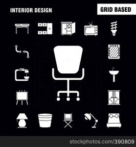 Interior Design Solid Glyph Icons Set For Infographics, Mobile UX/UI Kit And Print Design. Include: Iron, Electronics, Home Appliances, Electronics Items, Bath Tub, Eps 10 - Vector