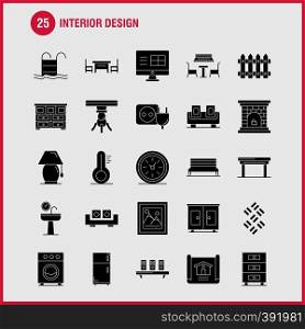 Interior Design Solid Glyph Icons Set For Infographics, Mobile UX/UI Kit And Print Design. Include: Medical, File, Document, Table, Bidet, Furniture, Water, Mirror, Eps 10 - Vector